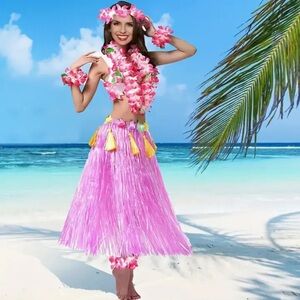7pcs Hawaiian Hula Costume Set, Tropical Grass Skirt, Lei, Beach Party,Halloween